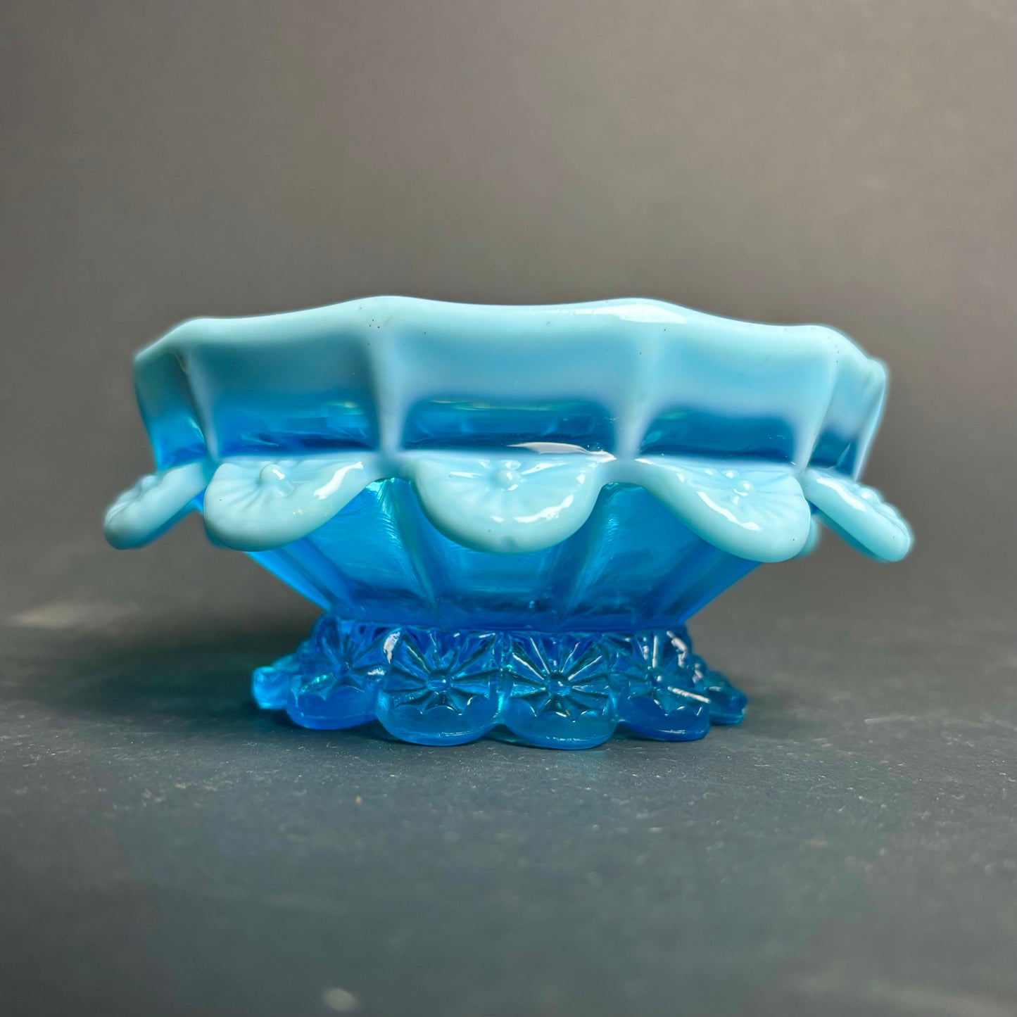 Vintage Blue Glass Bowl with Milk Glass Frill Rim