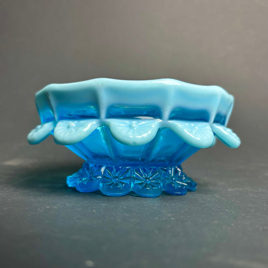 Vintage Blue Glass Bowl with Milk Glass Frill Rim