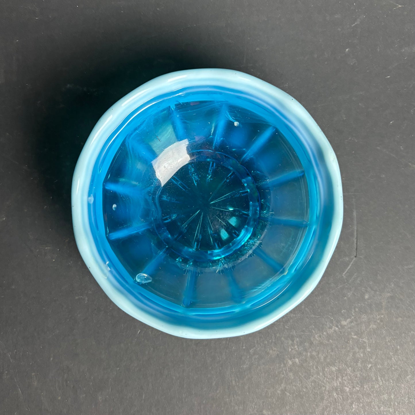 Vintage Blue Glass Bowl with Milk Glass Frill Rim