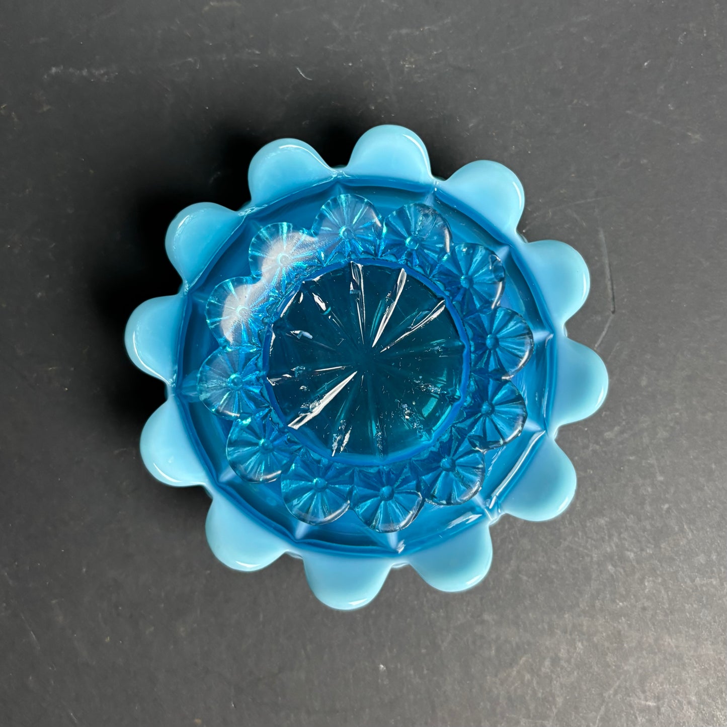 Vintage Blue Glass Bowl with Milk Glass Frill Rim