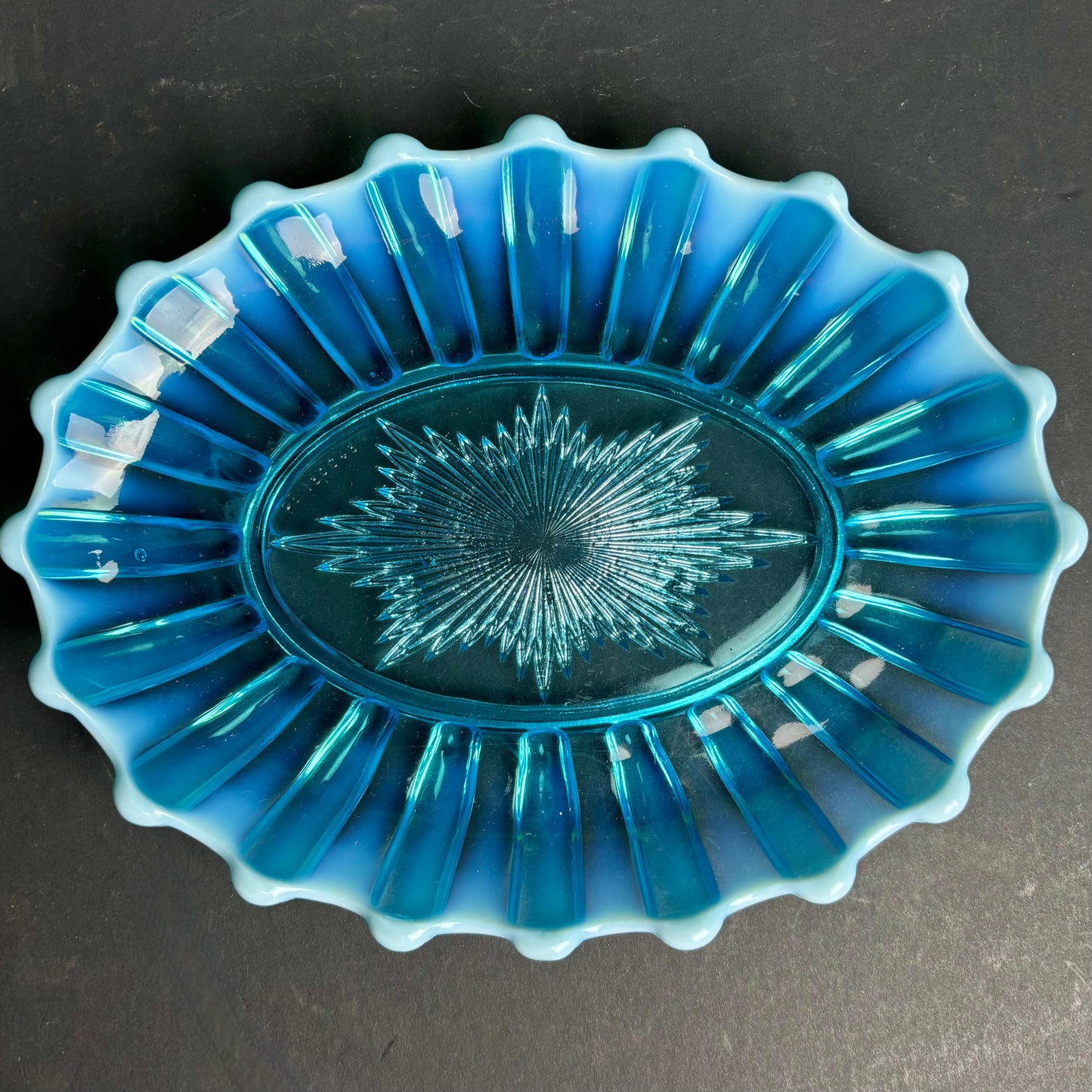 Vintage Blue Glass Platter with Milk Glass Scalloped Rim