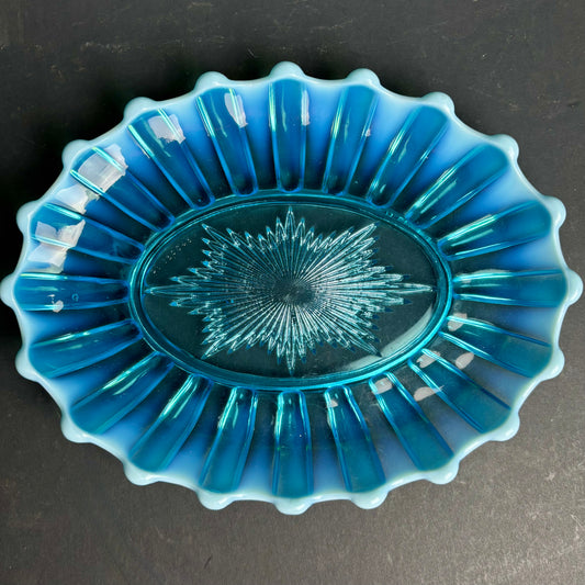 Vintage Blue Glass Platter with Milk Glass Scalloped Rim