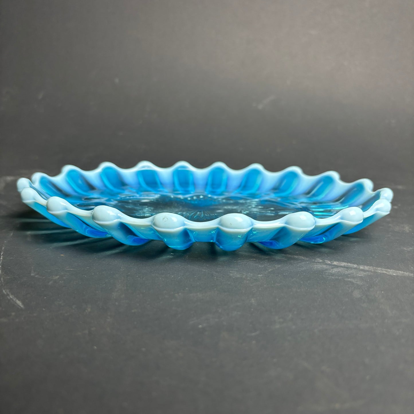 Vintage Blue Glass Platter with Milk Glass Scalloped Rim
