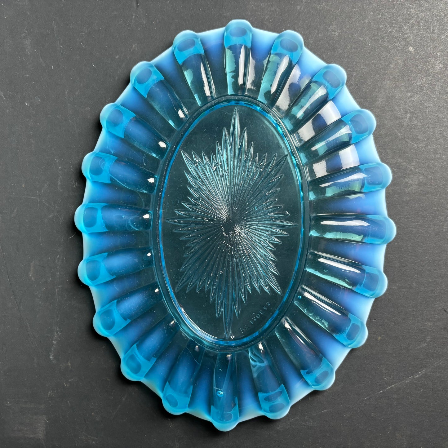 Vintage Blue Glass Platter with Milk Glass Scalloped Rim