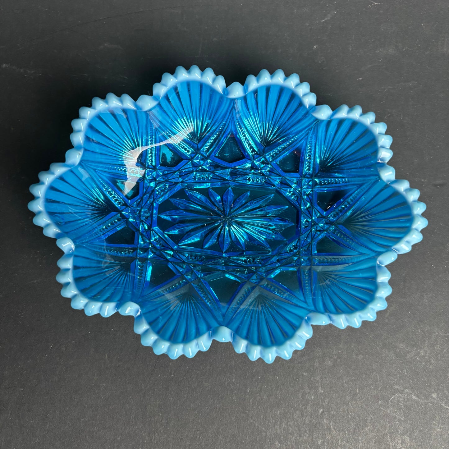 Vintage Blue Glass Trinket Dish with Milk Glass Frill Edge