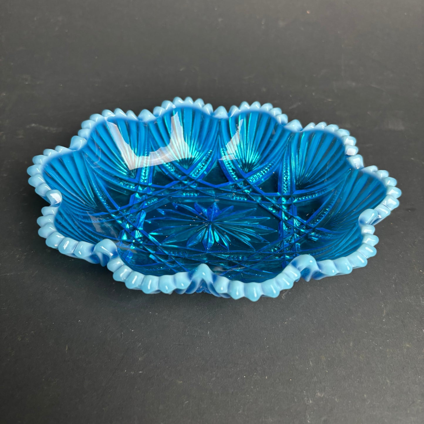 Vintage Blue Glass Trinket Dish with Milk Glass Frill Edge