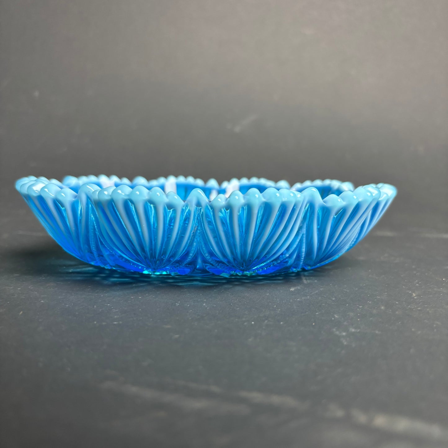 Vintage Blue Glass Trinket Dish with Milk Glass Frill Edge