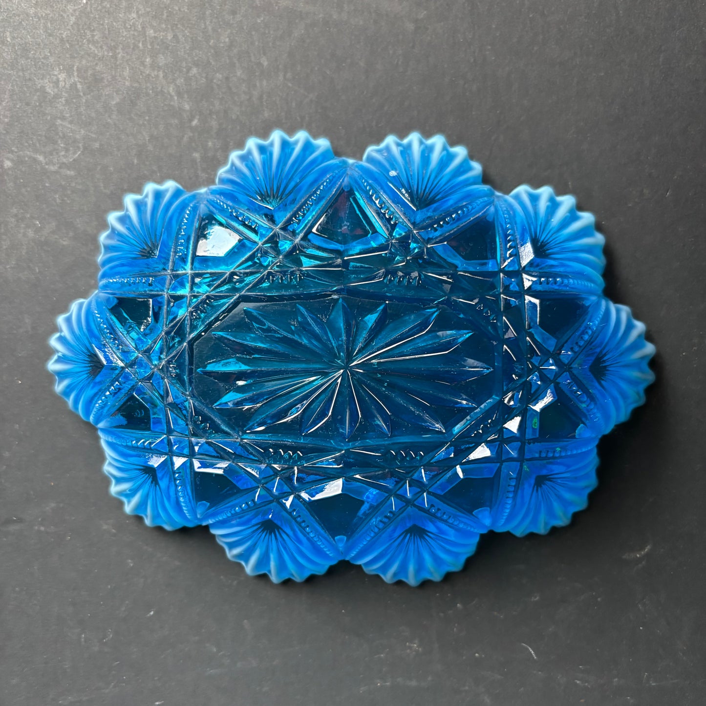 Vintage Blue Glass Trinket Dish with Milk Glass Frill Edge