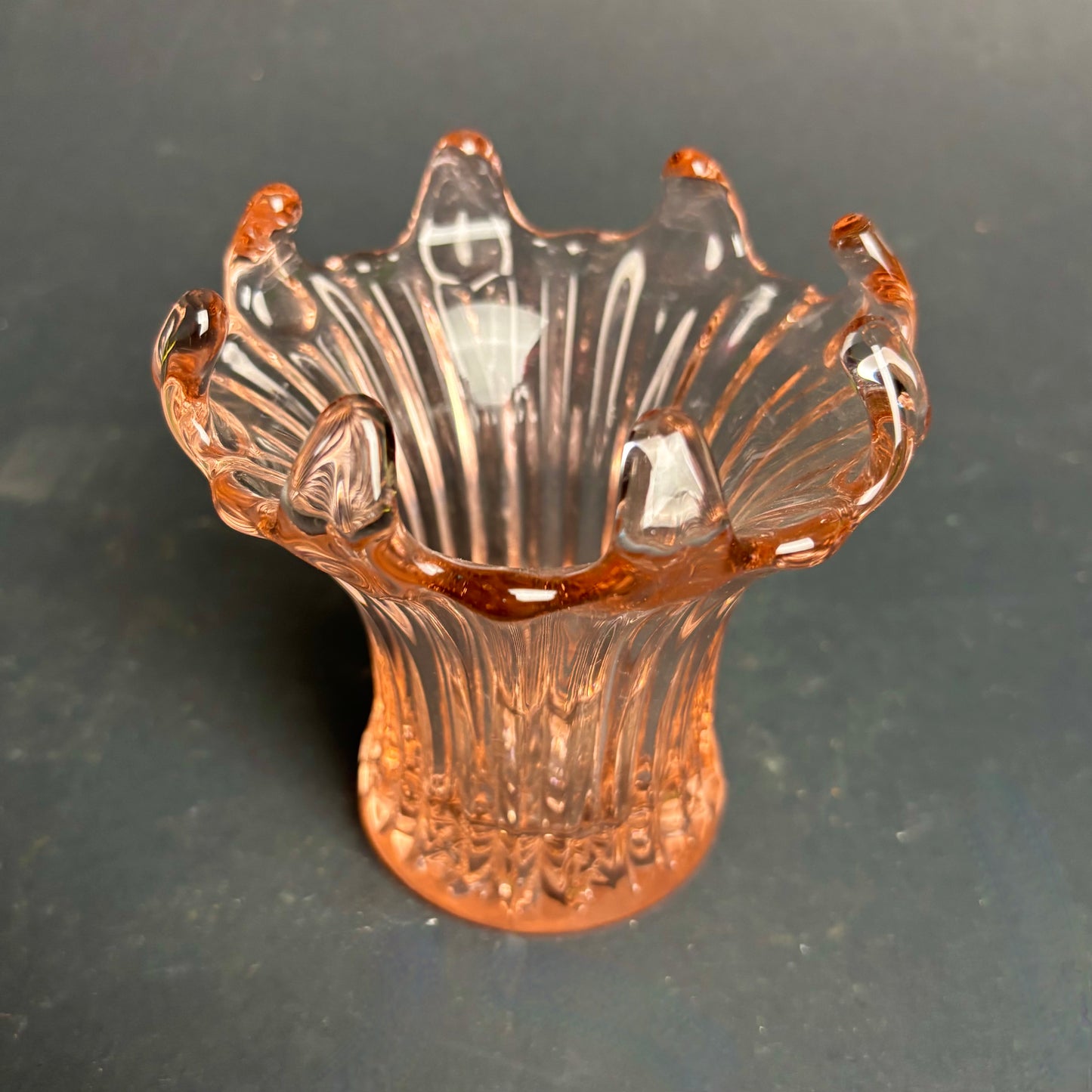 Vintage Pink Pressed Glass Ruffle Vase