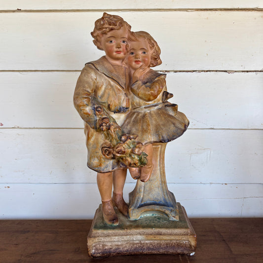 Large French Chalkware Boy & Girl Statue – c.1930s