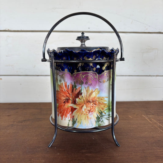Victorian Biscuit Barrel – Hand-Painted Chrysanthemum & Cobalt, Silverplate Lid (c.1890s)