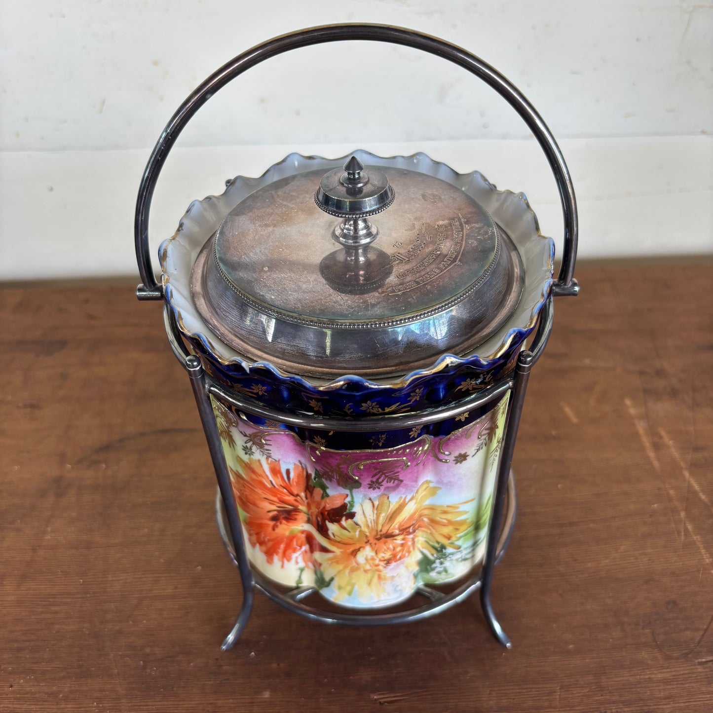 Victorian Biscuit Barrel – Hand-Painted Chrysanthemum & Cobalt, Silverplate Lid (c.1890s)