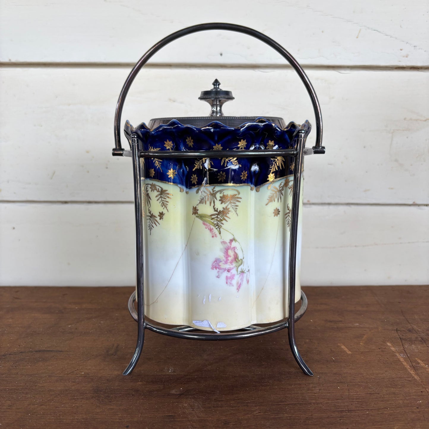 Victorian Biscuit Barrel – Hand-Painted Chrysanthemum & Cobalt, Silverplate Lid (c.1890s)