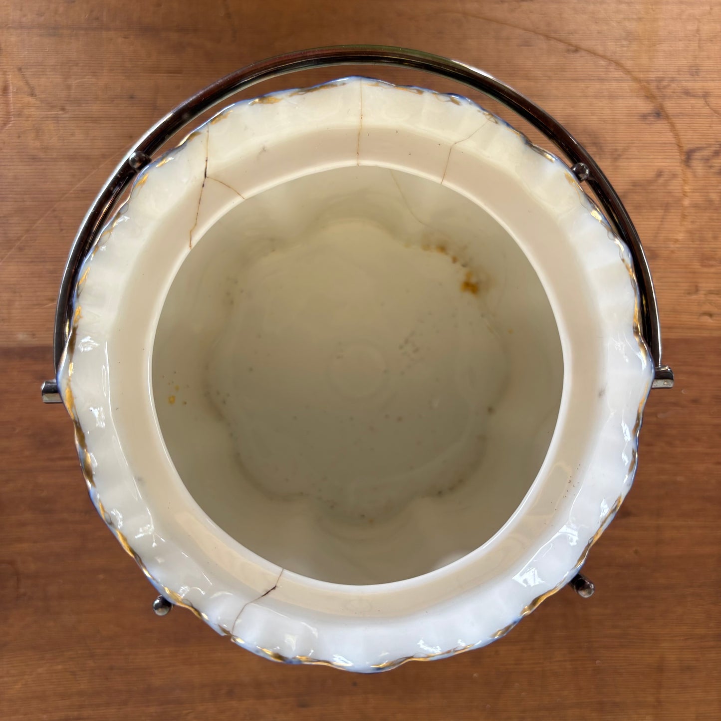 Victorian Biscuit Barrel – Hand-Painted Chrysanthemum & Cobalt, Silverplate Lid (c.1890s)
