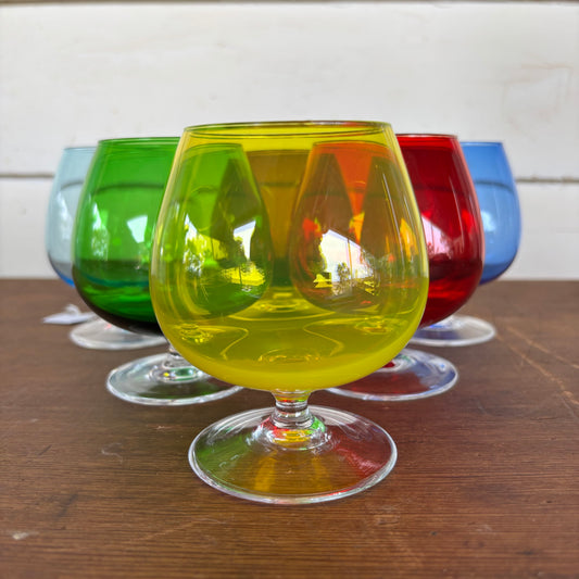 Set of 6 Vintage Handblown Colour Glass Brandy Balloon Goblets