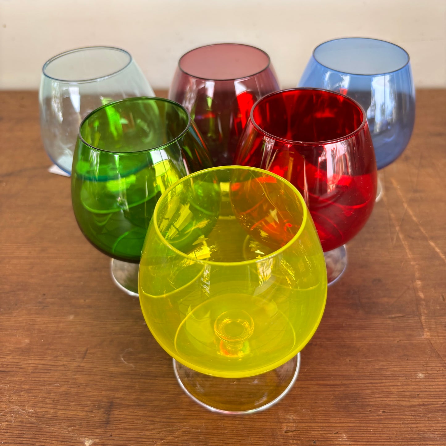 Set of 6 Vintage Handblown Colour Glass Brandy Balloon Goblets