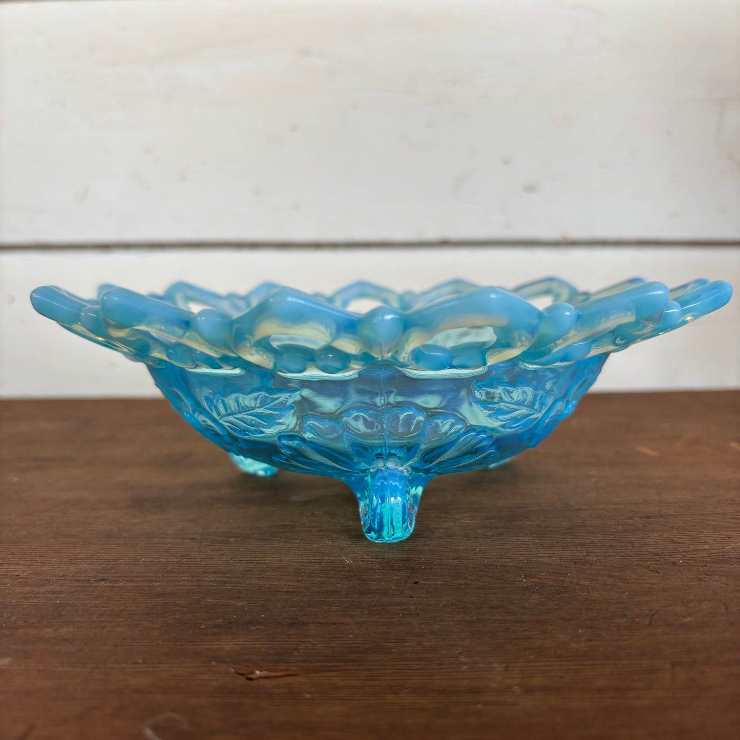 Vintage Blue Opalescent Glass Footed Bowl – 20cm Lattice Edge