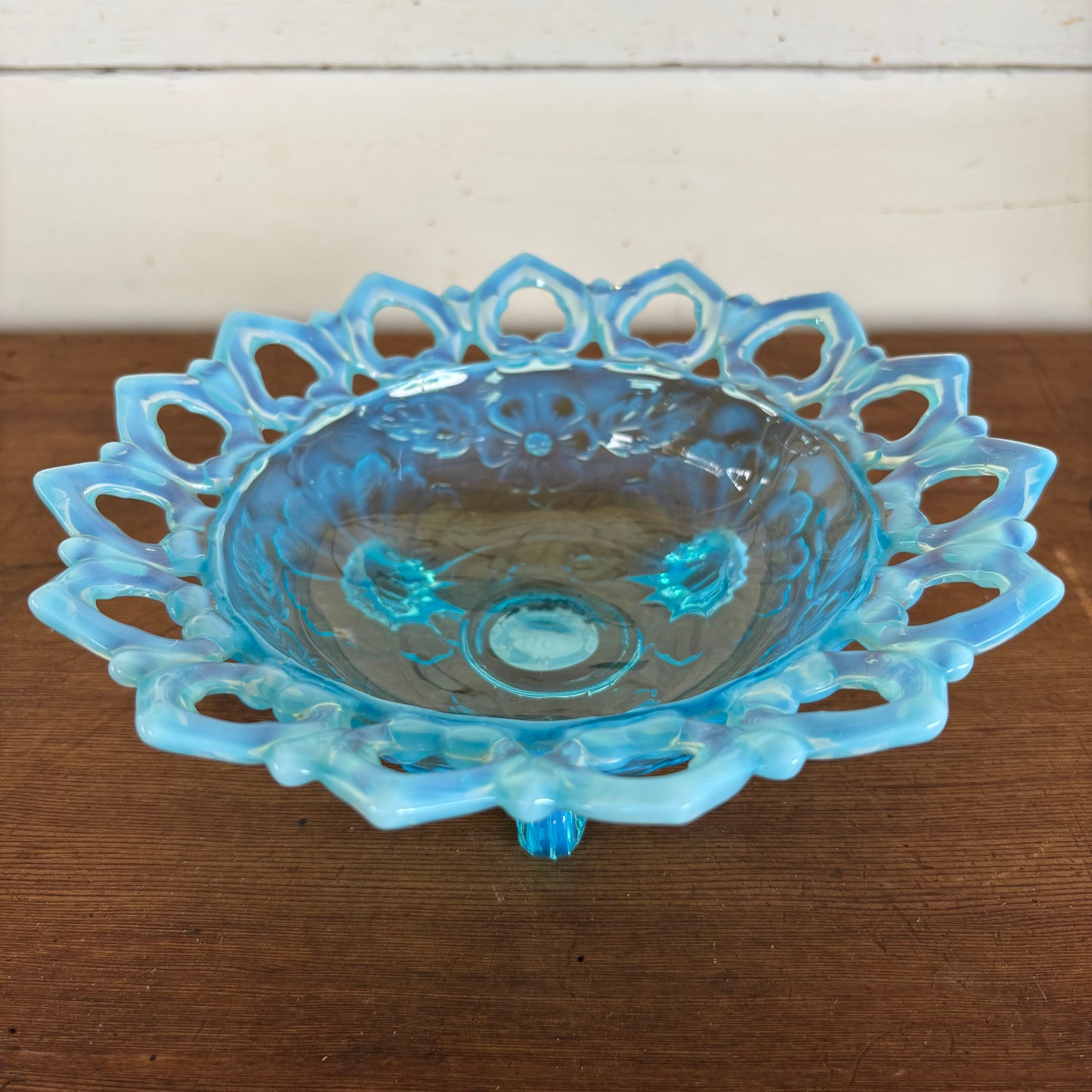 Vintage Blue Opalescent Glass Footed Bowl – 20cm Lattice Edge