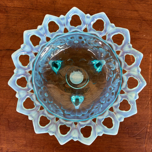 Vintage Blue Opalescent Glass Footed Bowl – 20cm Lattice Edge