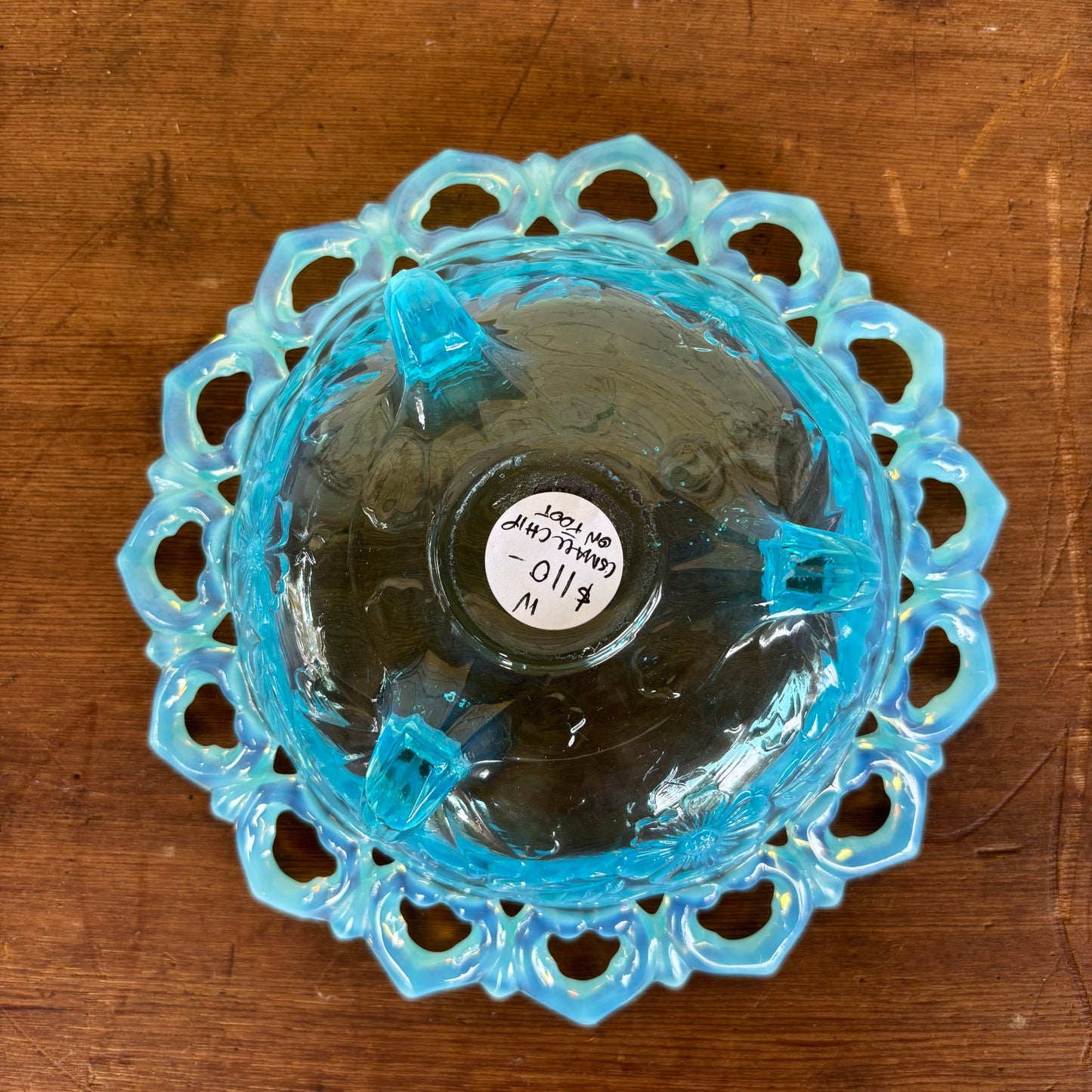 Vintage Blue Opalescent Glass Footed Bowl – 20cm Lattice Edge
