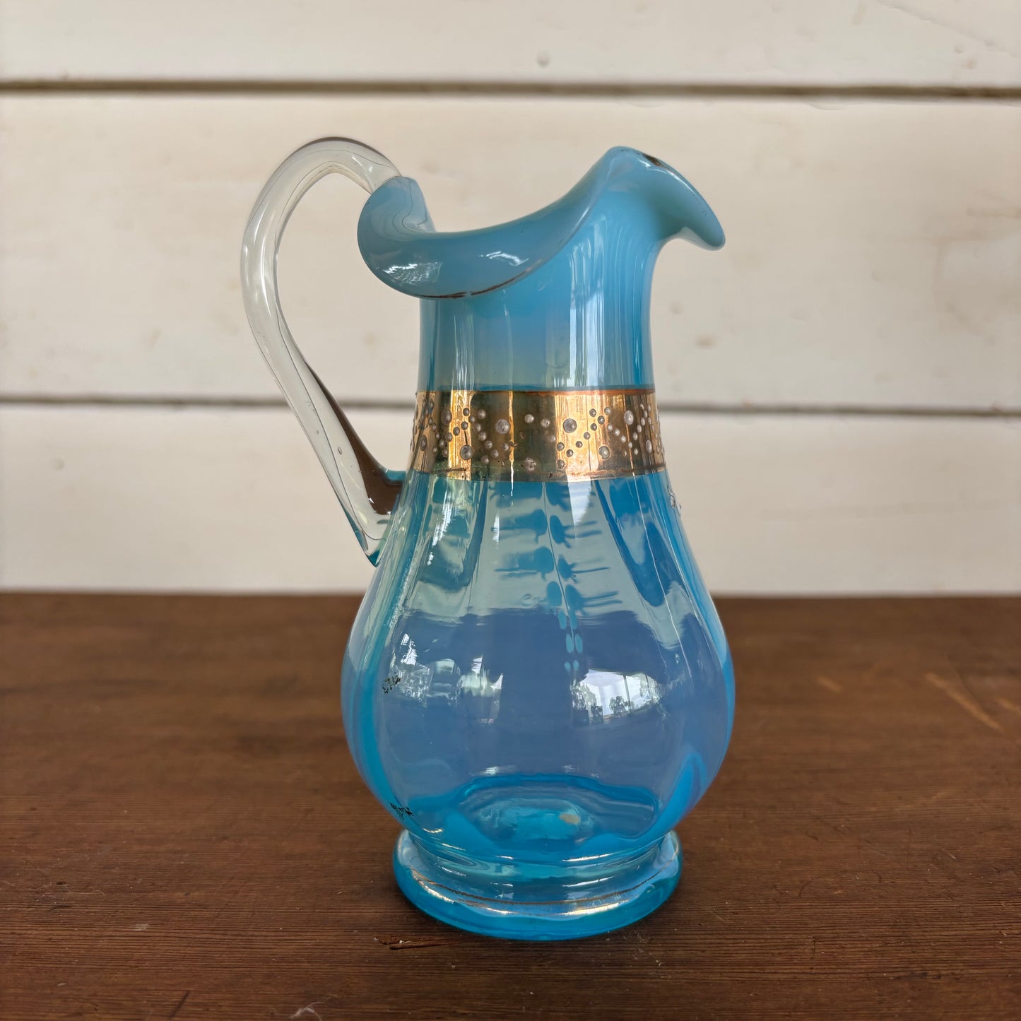 Victorian Handblown Opaline Blue Glass Jug with Gilt Enamel
