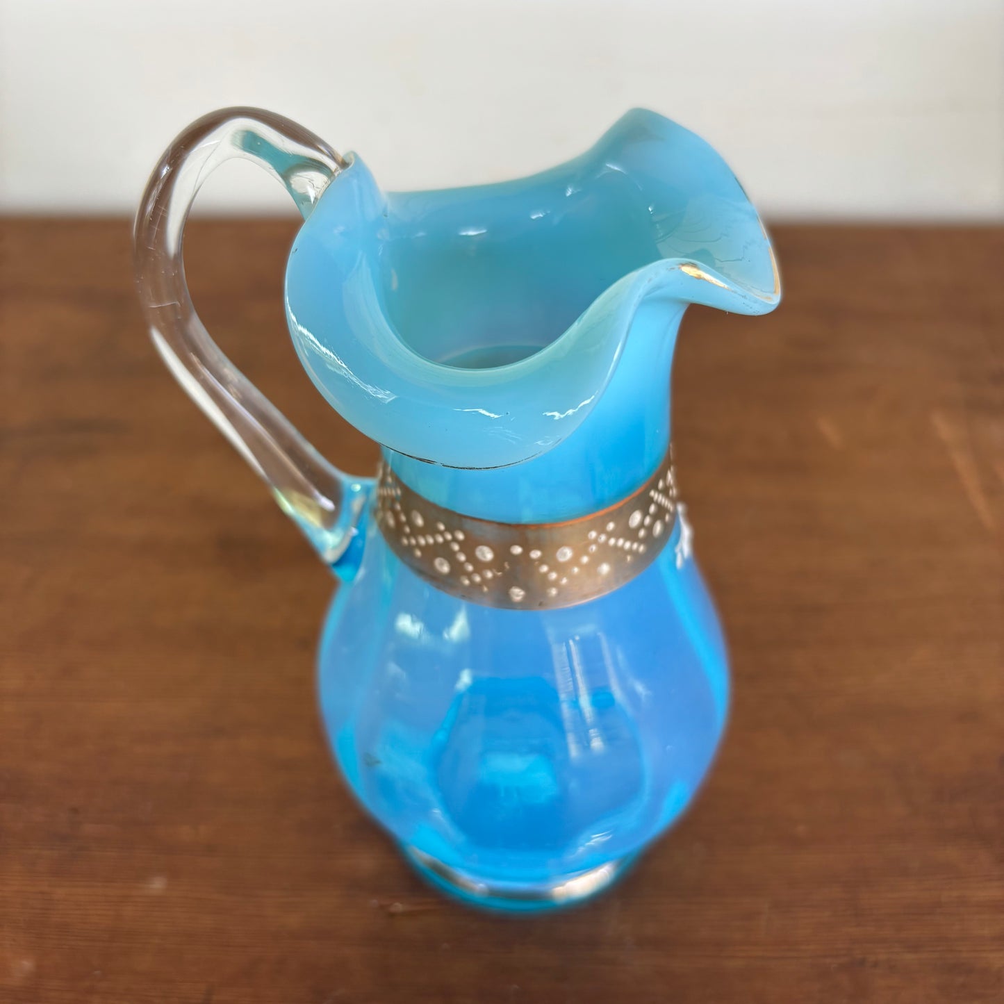 Victorian Handblown Opaline Blue Glass Jug with Gilt Enamel