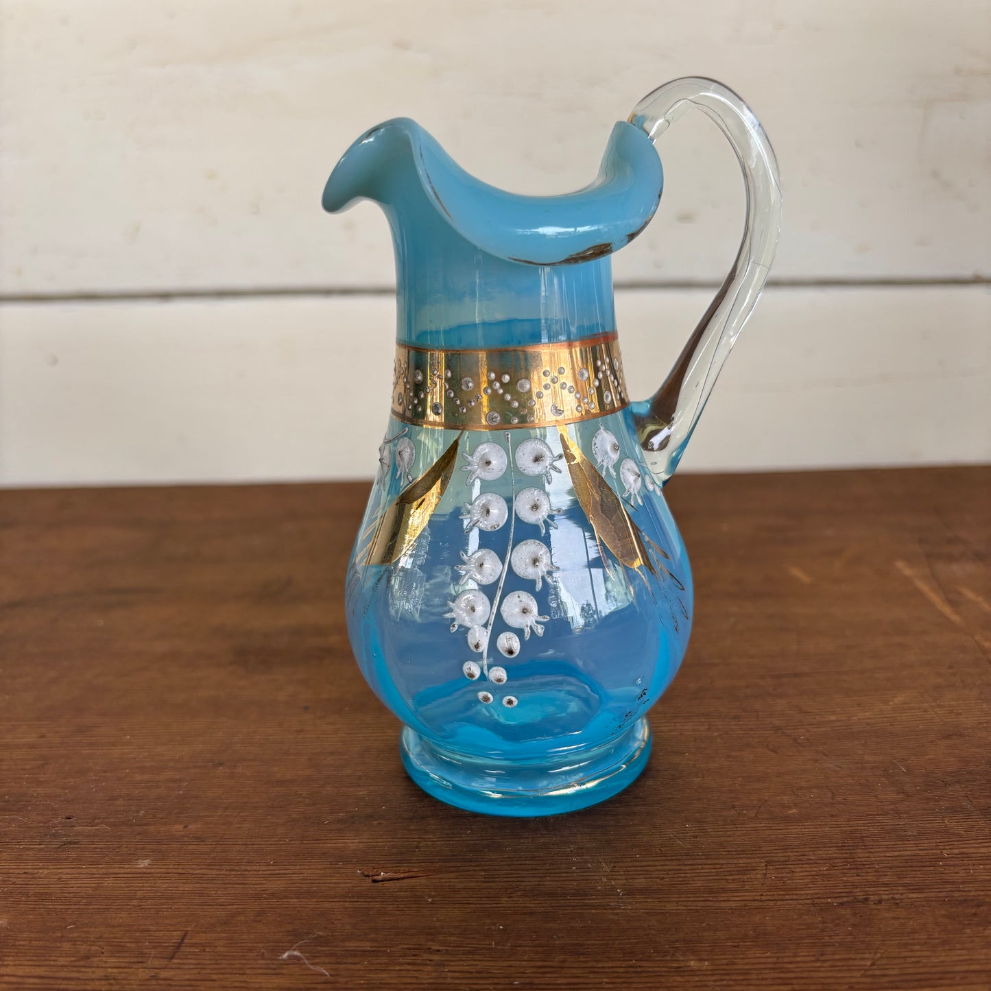 Victorian Handblown Opaline Blue Glass Jug with Gilt Enamel
