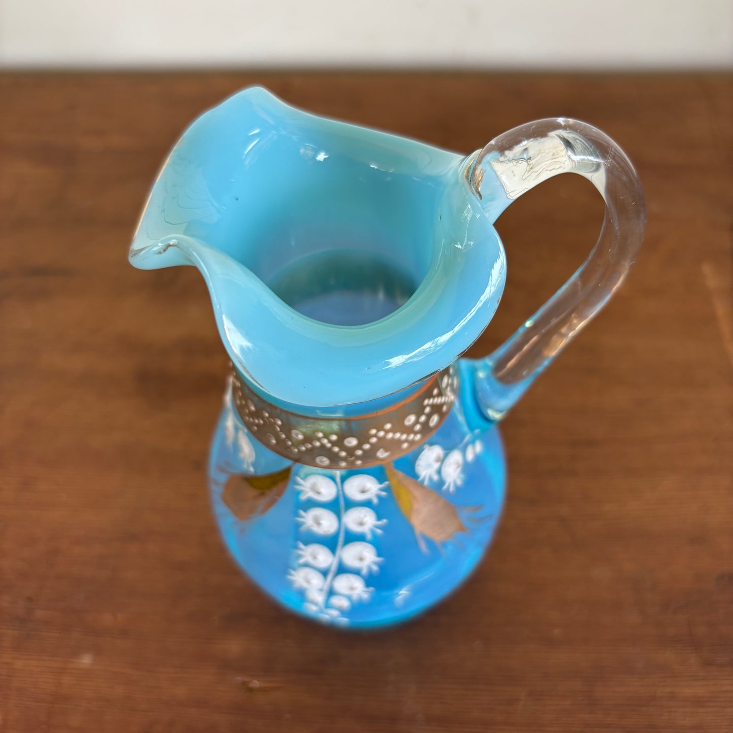 Victorian Handblown Opaline Blue Glass Jug with Gilt Enamel