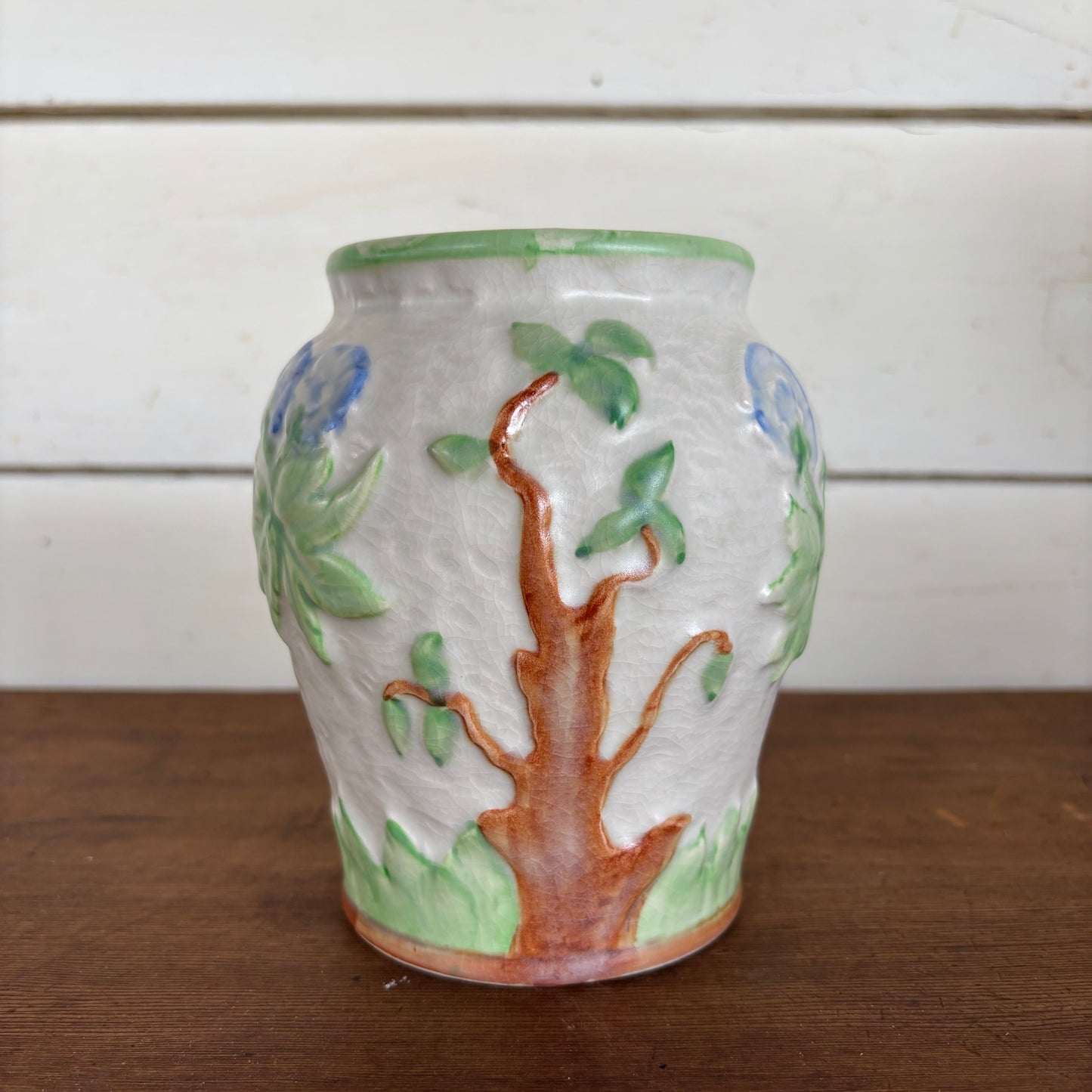Pair of Vintage Relief Pottery Vases – Hand-Painted Floral & Tree Motif
