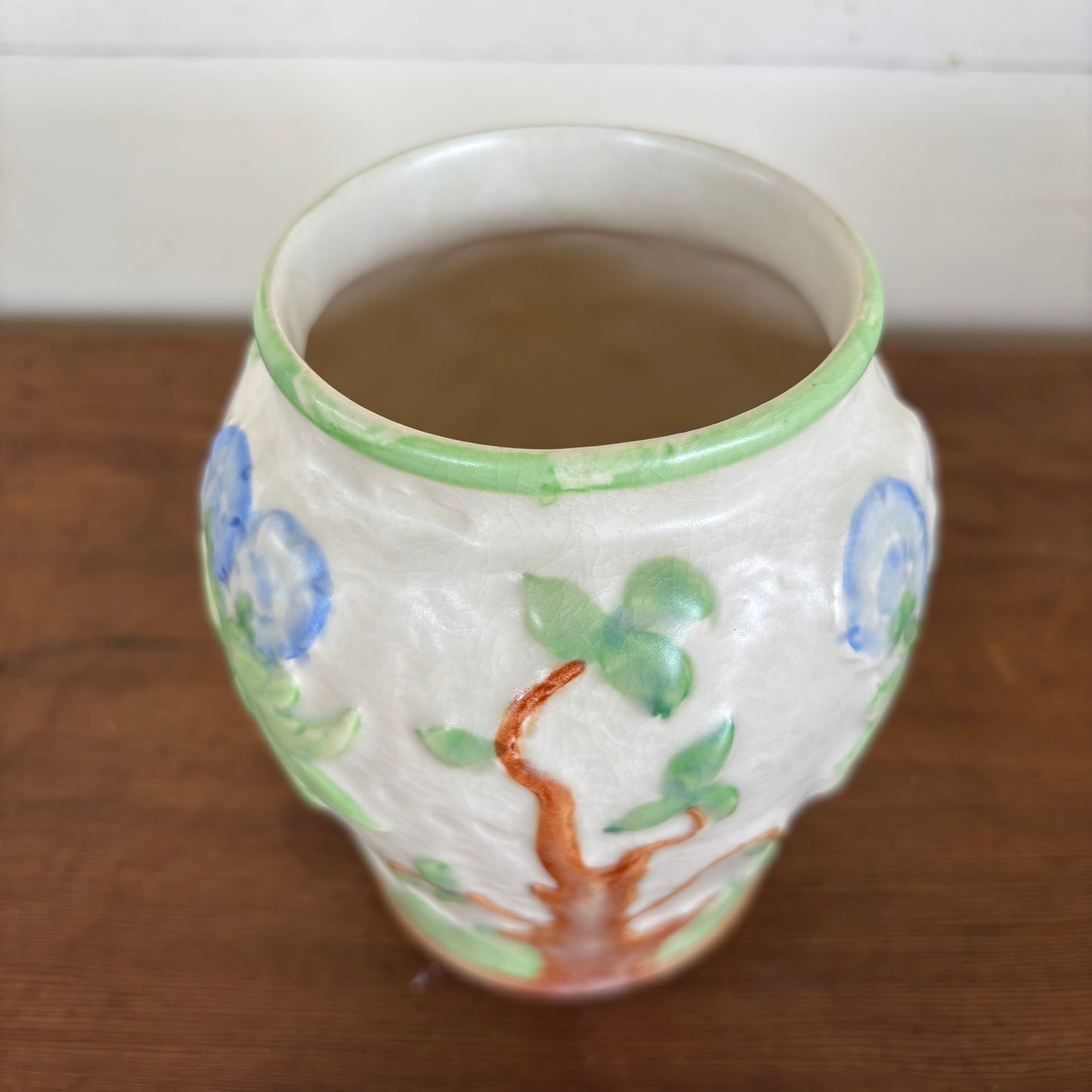 Pair of Vintage Relief Pottery Vases – Hand-Painted Floral & Tree Motif