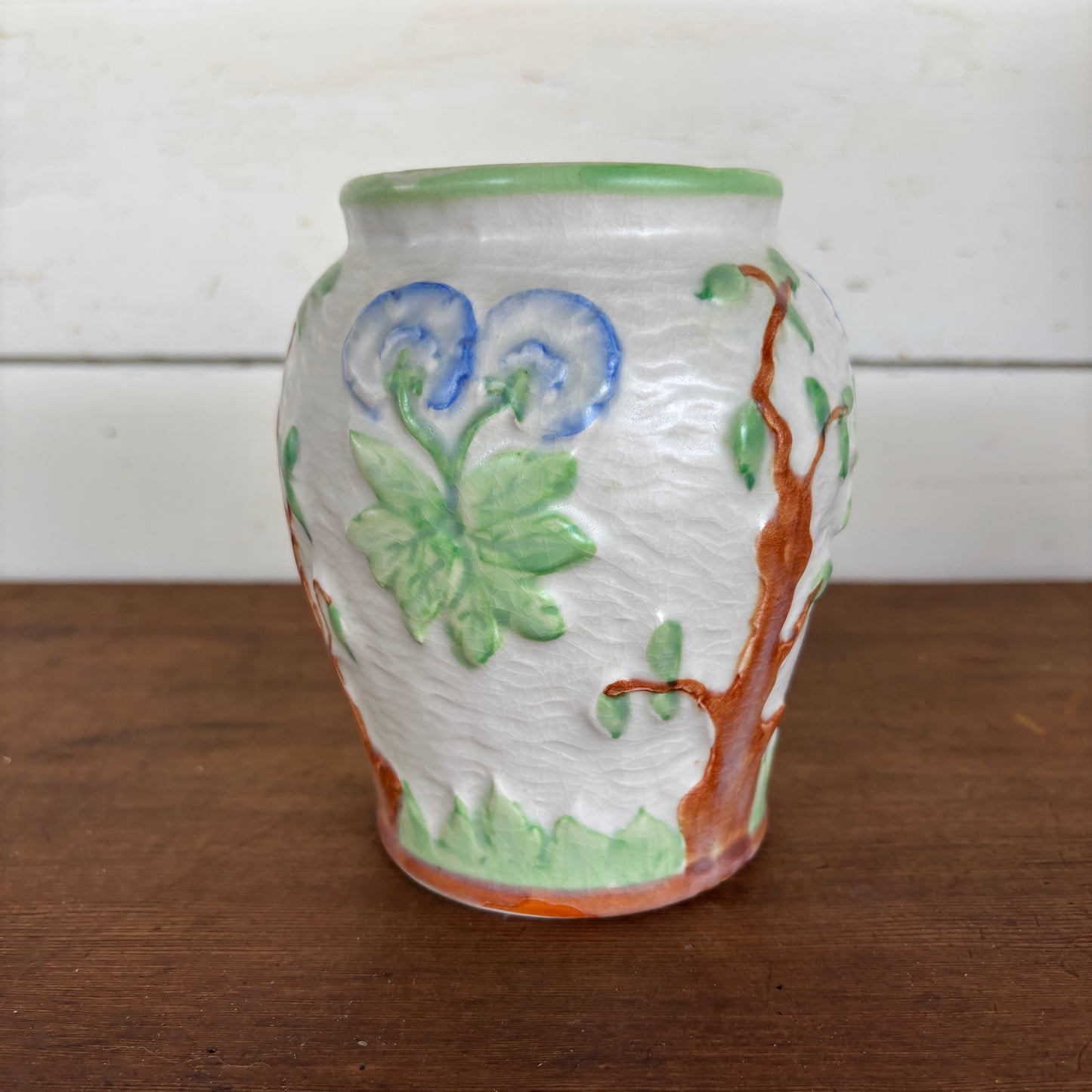 Pair of Vintage Relief Pottery Vases – Hand-Painted Floral & Tree Motif