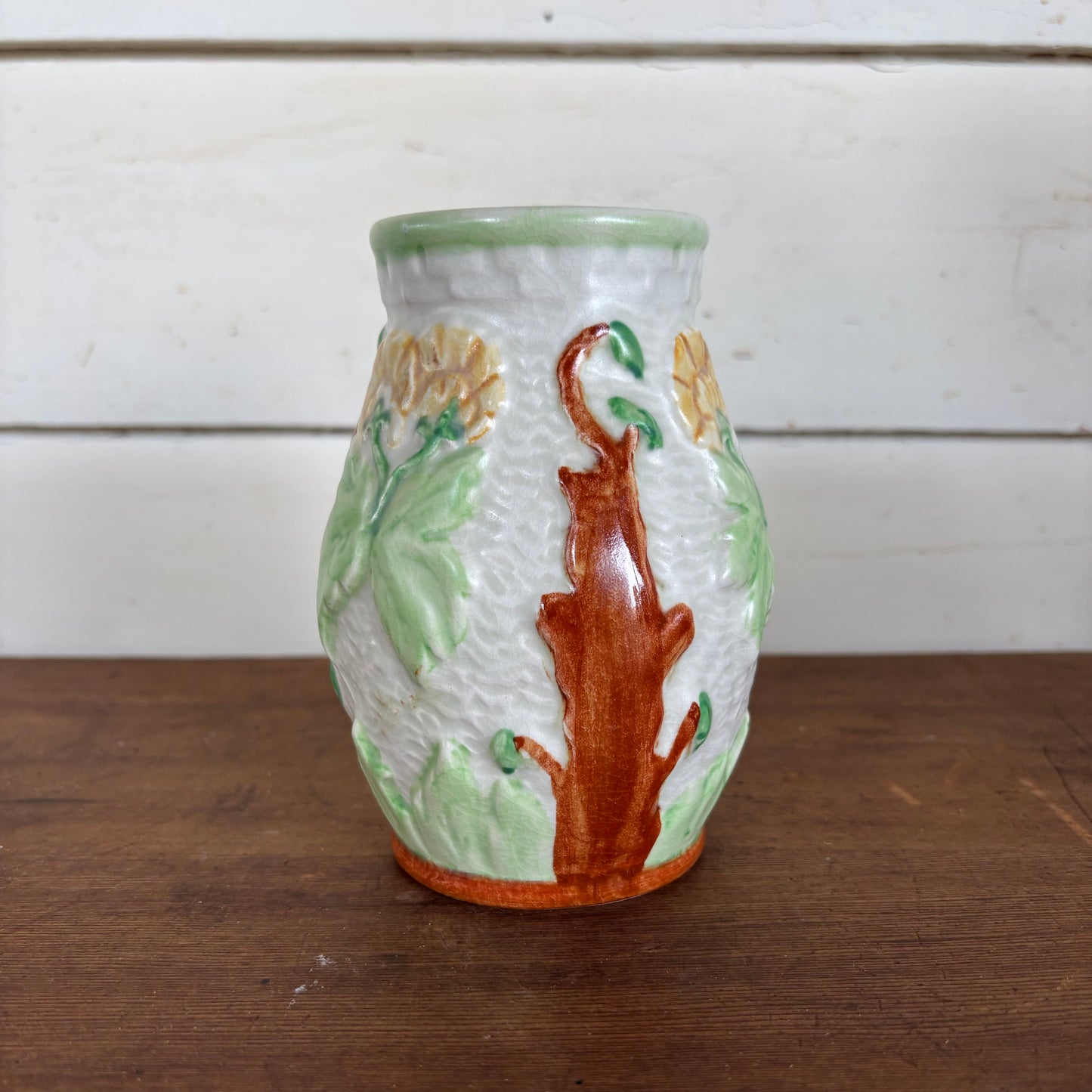 Pair of Vintage Relief Pottery Vases – Hand-Painted Floral & Tree Motif