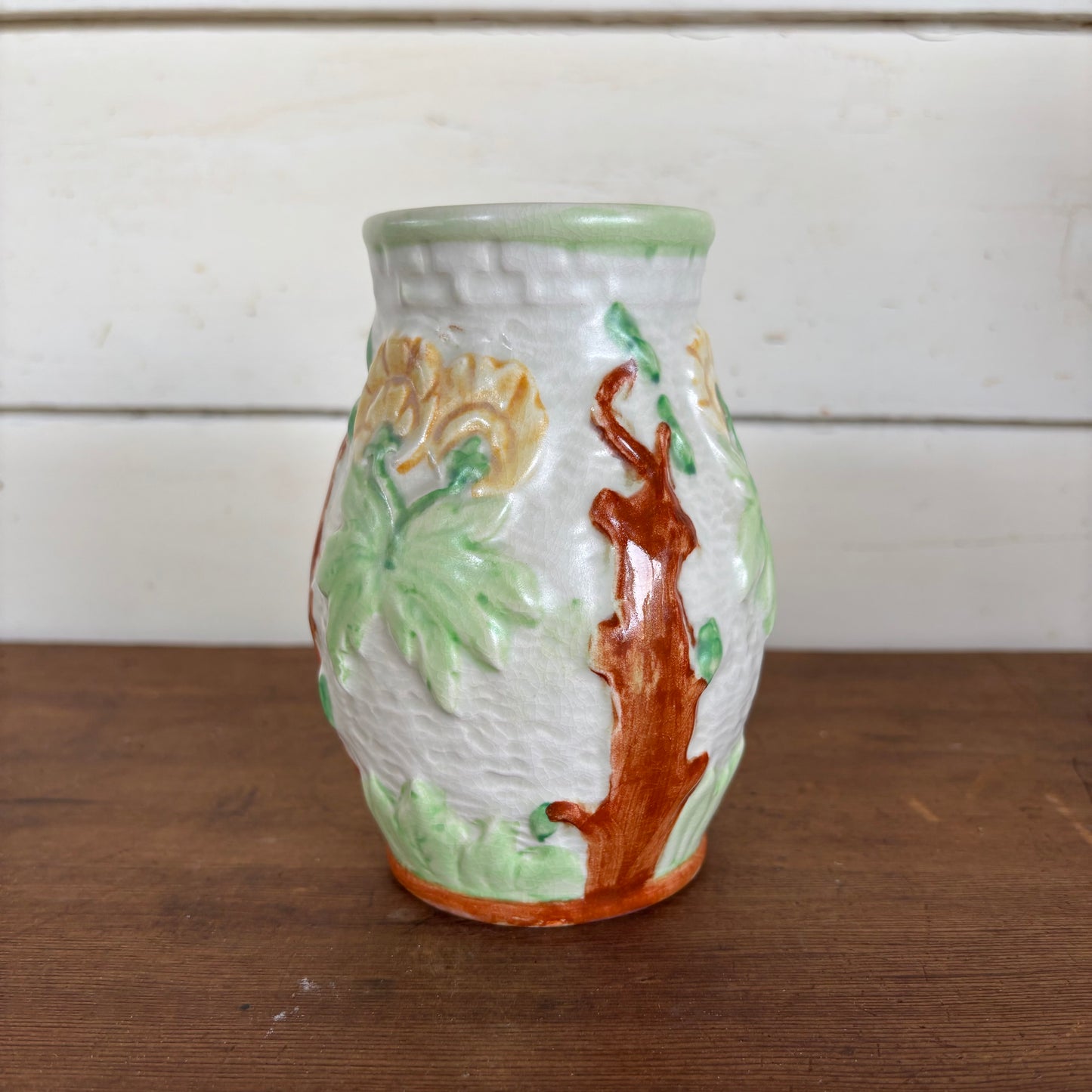 Pair of Vintage Relief Pottery Vases – Hand-Painted Floral & Tree Motif