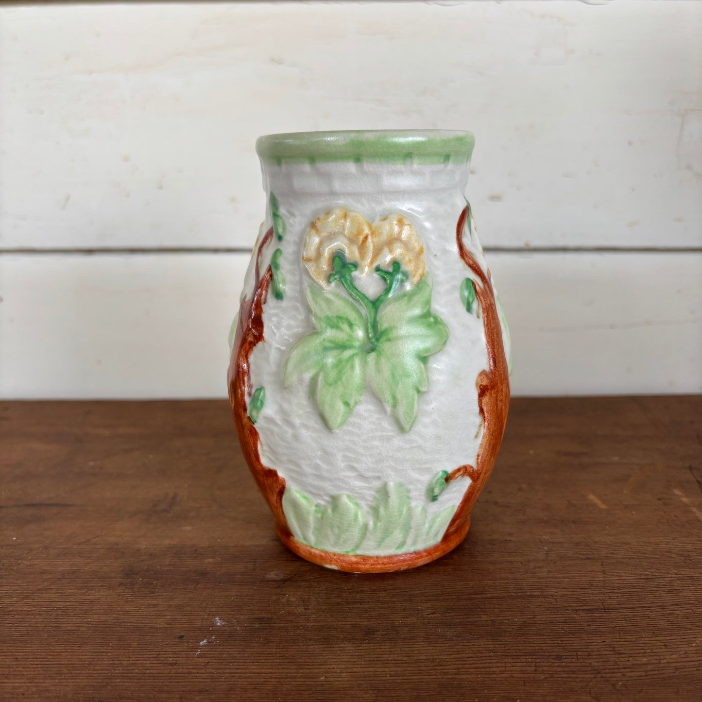 Pair of Vintage Relief Pottery Vases – Hand-Painted Floral & Tree Motif