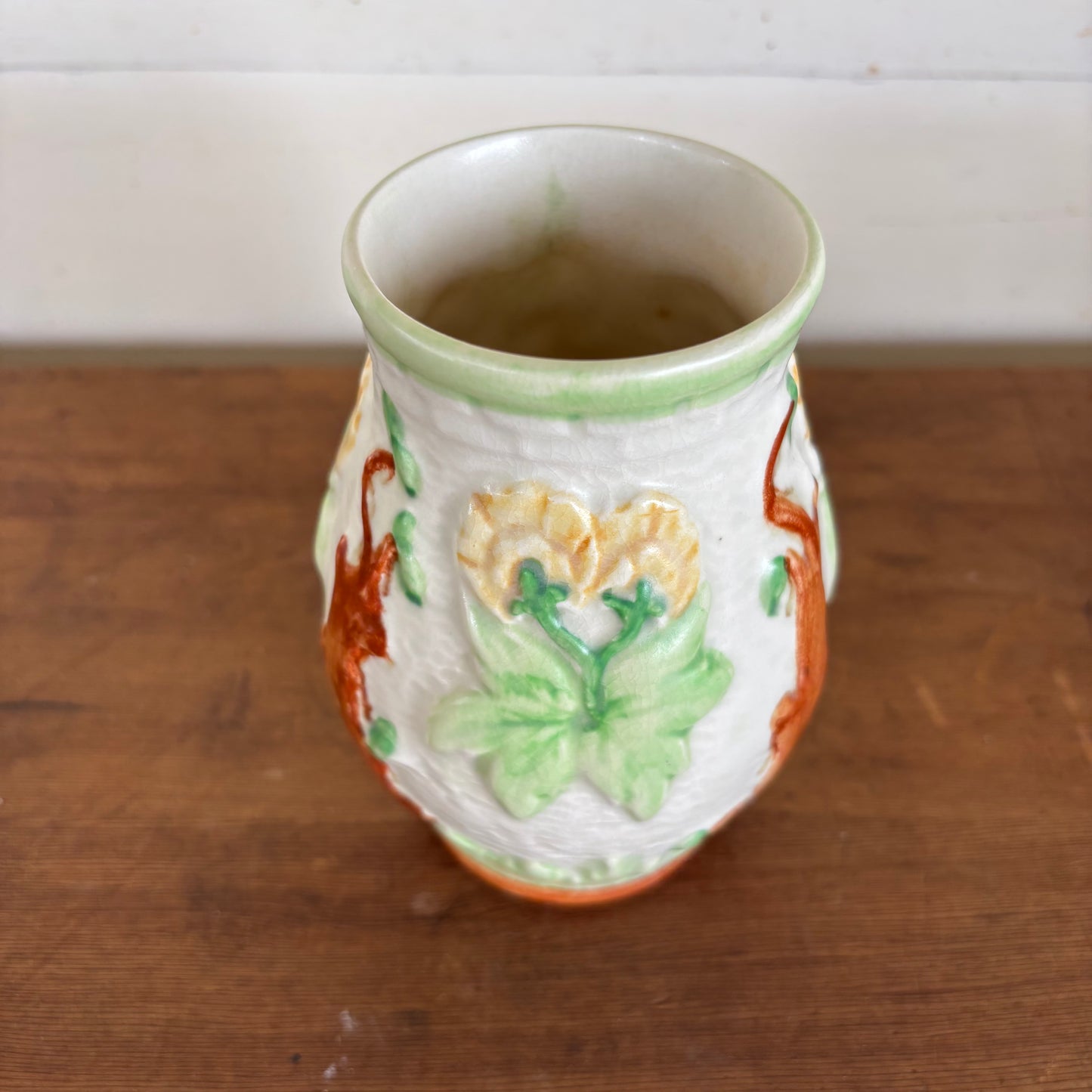 Pair of Vintage Relief Pottery Vases – Hand-Painted Floral & Tree Motif