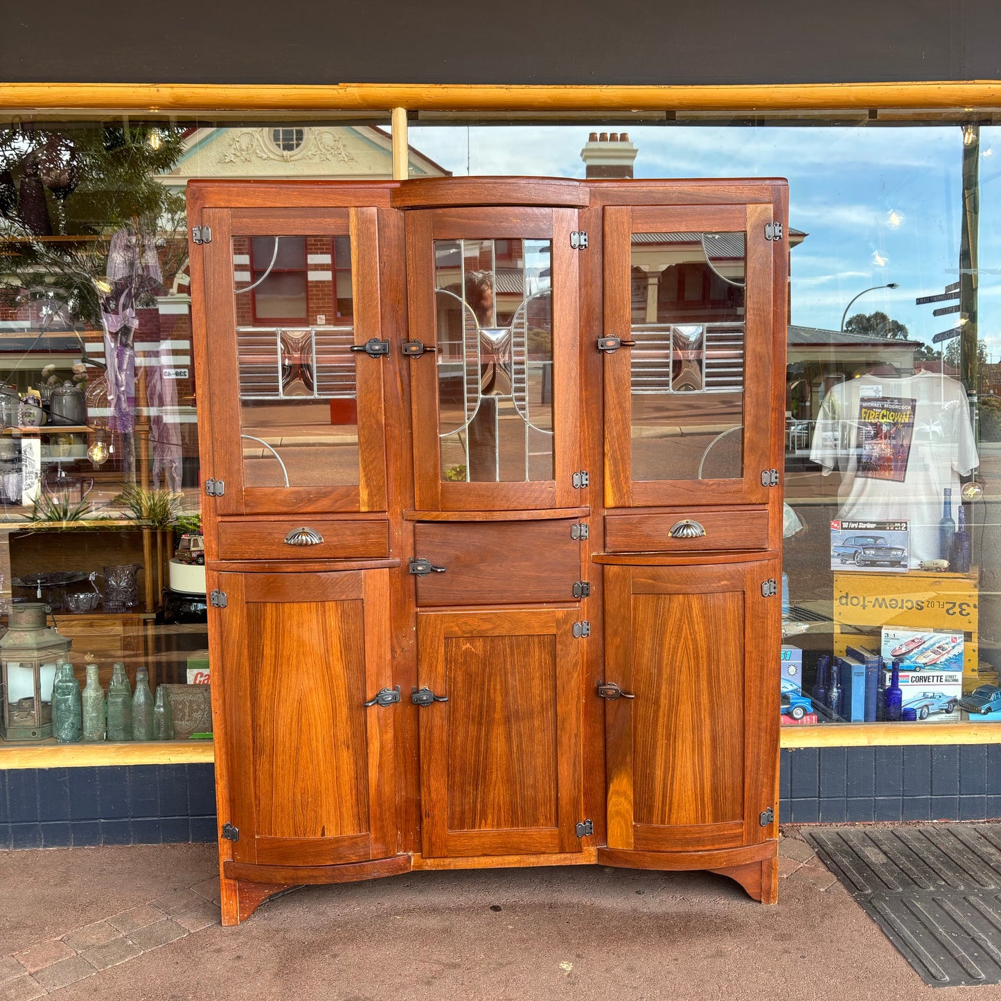 Art Deco Jarrah Kitchenette Cabinet Leadlight Doors c.1930s Restored