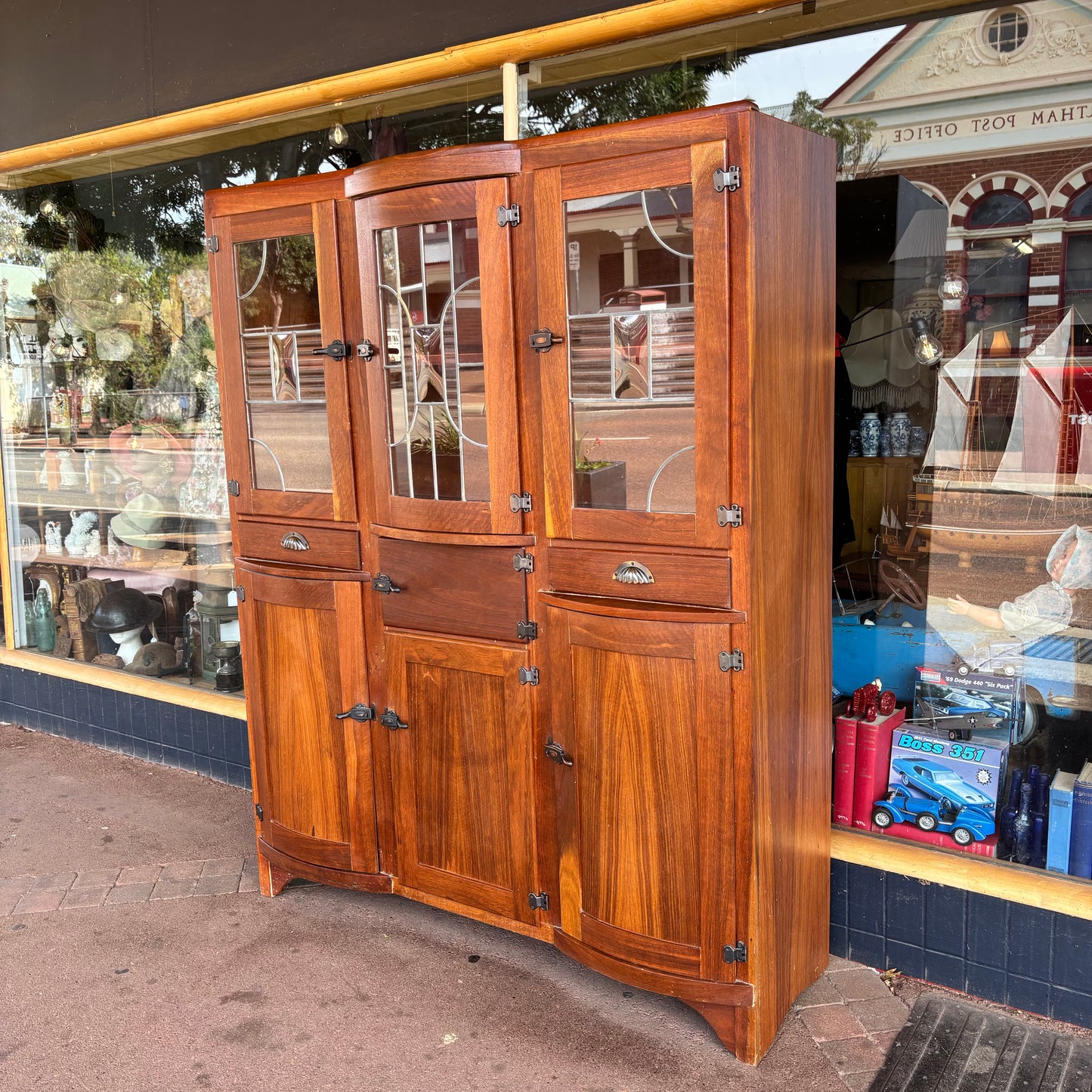 Art Deco Jarrah Kitchenette Cabinet Leadlight Doors c.1930s Restored