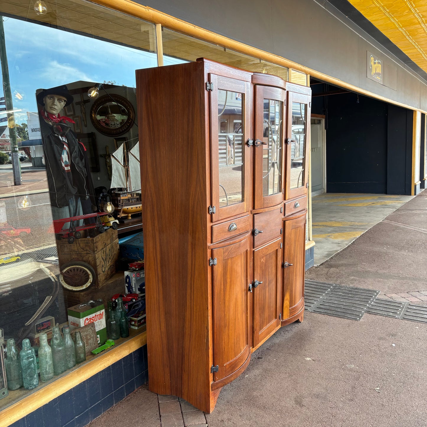 Art Deco Jarrah Kitchenette Cabinet Leadlight Doors c.1930s Restored