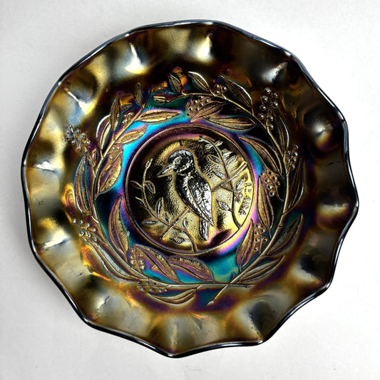 Crown Crystal Glass Australia Amethyst Carnival Glass Kingfisher Master Bowl RD 4184