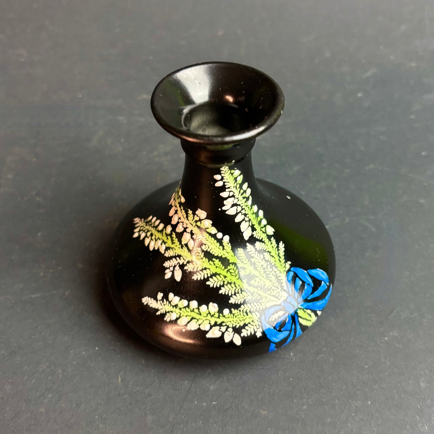 Shelley England Black Vase with Hand Painted Floral Spray and Blue Ribbon c.1920s
