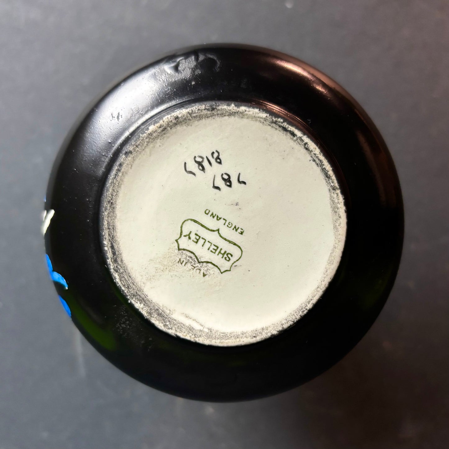 Shelley England Black Vase with Hand Painted Floral Spray and Blue Ribbon c.1920s