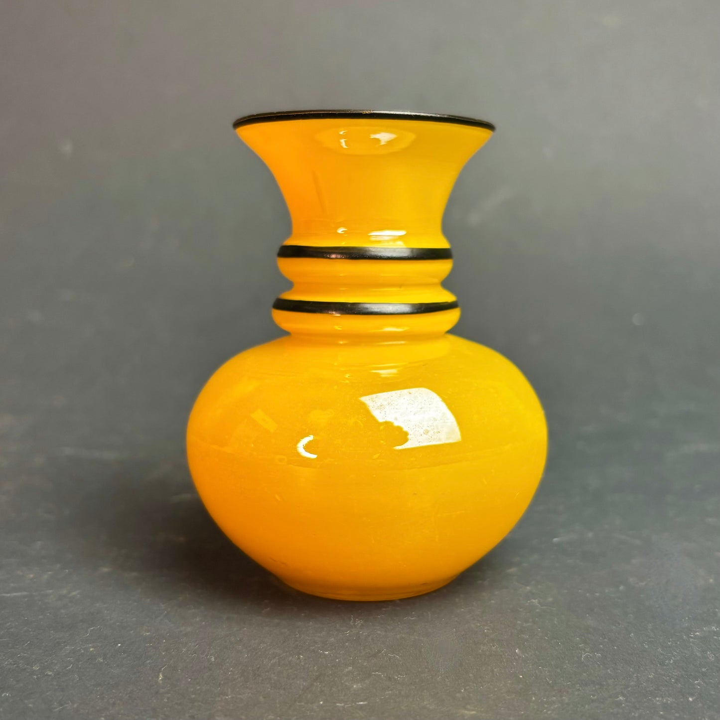 Art Deco Czech Tango Glass Vase Yellow with Black Banding c.1930s
