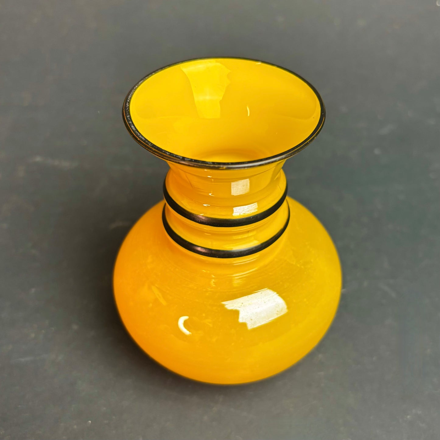 Art Deco Czech Tango Glass Vase Yellow with Black Banding c.1930s