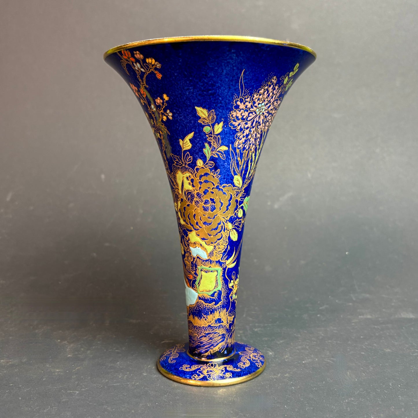 Carlton Ware Kang He Rocery & Pheasants Trumpet Vase – Cobalt Blue & Gilt – c.1930s