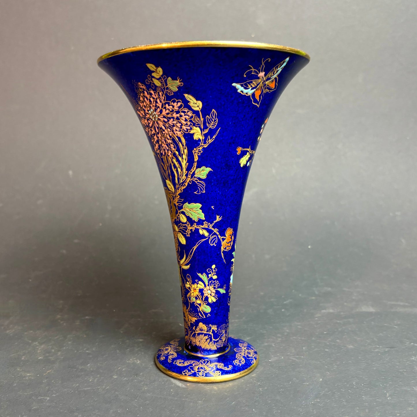 Carlton Ware Kang He Rocery & Pheasants Trumpet Vase – Cobalt Blue & Gilt – c.1930s