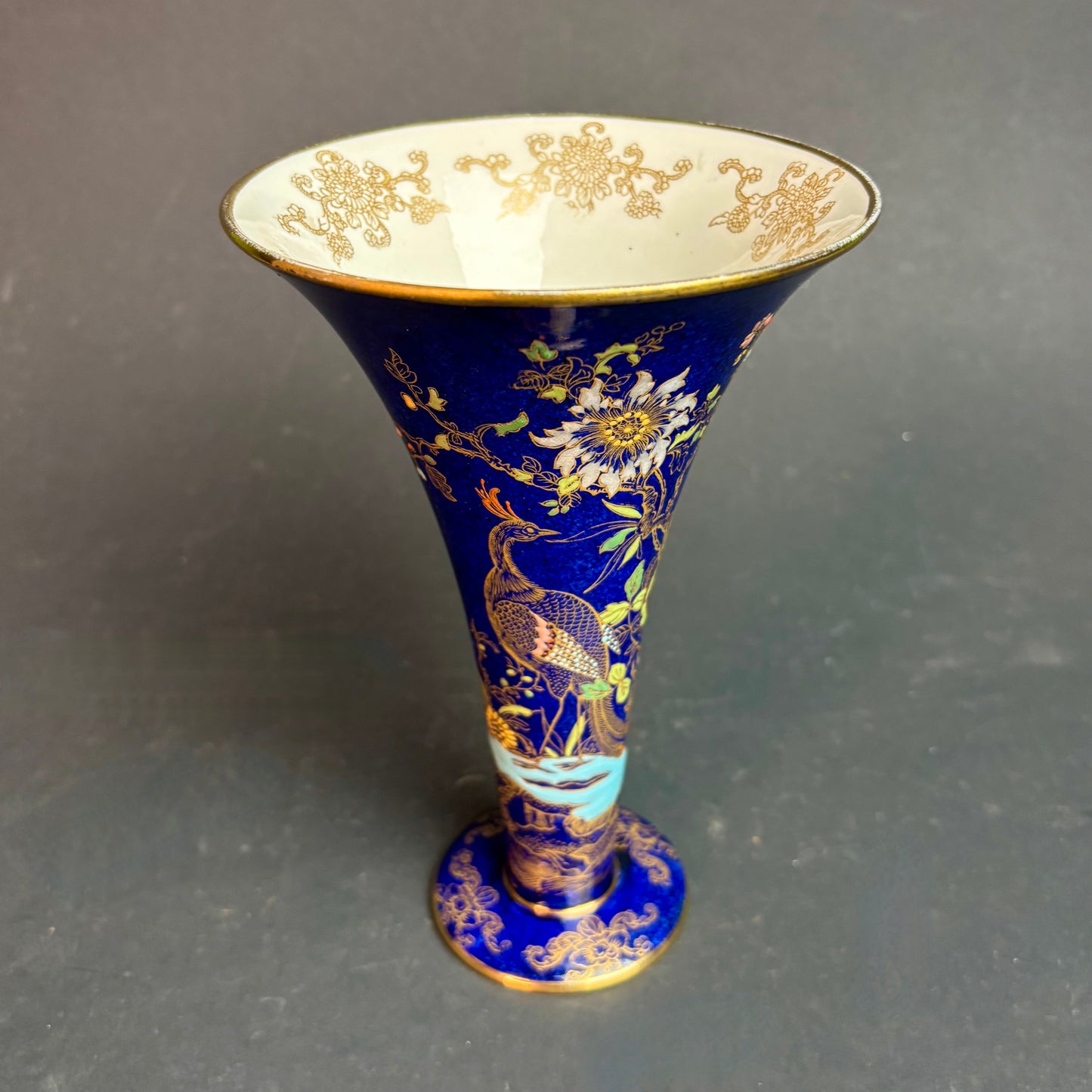 Carlton Ware Kang He Rocery & Pheasants Trumpet Vase – Cobalt Blue & Gilt – c.1930s