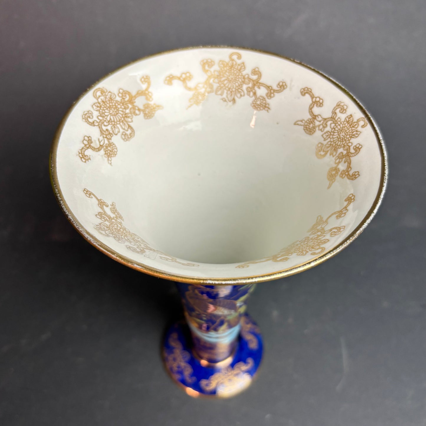 Carlton Ware Kang He Rocery & Pheasants Trumpet Vase – Cobalt Blue & Gilt – c.1930s