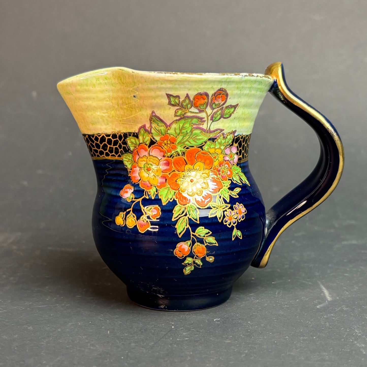 Crown Devon Hand Painted Jug – Cobalt Blue Floral Lustre Ware Creamer c.1930s