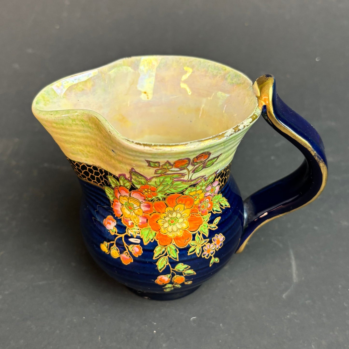 Crown Devon Hand Painted Jug – Cobalt Blue Floral Lustre Ware Creamer c.1930s