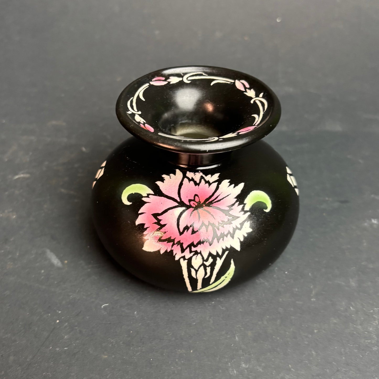 Shelley England Art Deco Black Bud Vase with Hand Painted Floral Design c.1920s